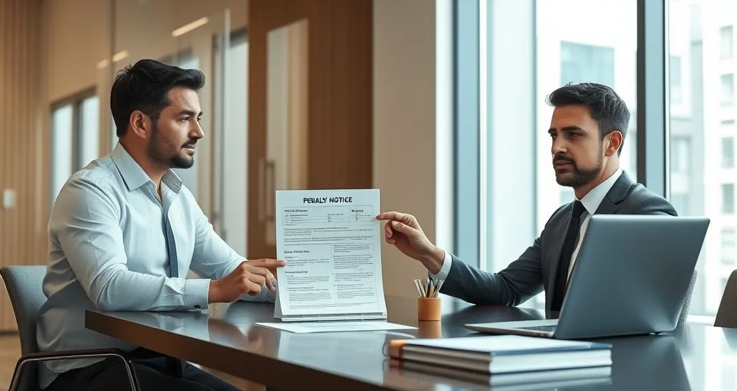 Tax advisor presents a penalty notice to a client while pointing to a circled date on a desk calendar in a modern conference room