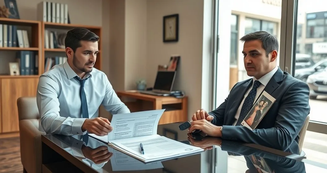 Small business owner meets with a tax attorney reviewing payroll ledgers and a notice while holding car keys and a family photo