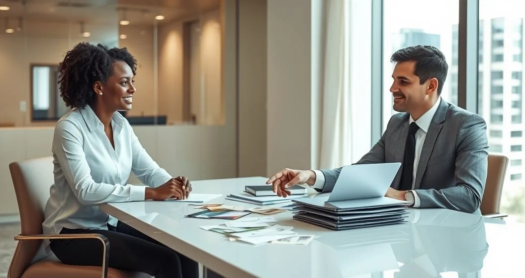 Financial advisor points from a pile of credit cards and bills to a single loan folder while a diverse client listens in a modern office.