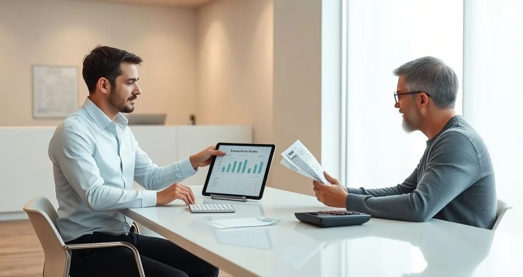 Financial advisor and patient reviewing loan options at a modern office table with a tablet and a medical bill