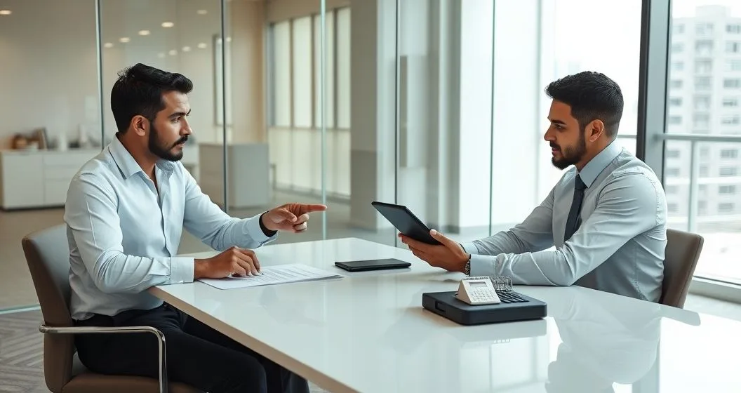Advisor and client comparing a loan agreement and credit cards with a calculator and calendar on a conference table