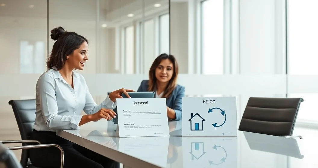 Financial advisor and couple comparing personal loan and HELOC option cards in a modern office
