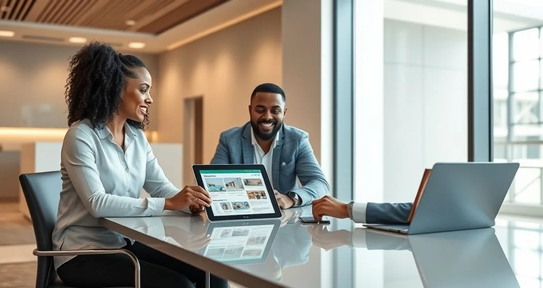 A couple meets a financial advisor reviewing a tablet with renovation photos and a budget in a modern office