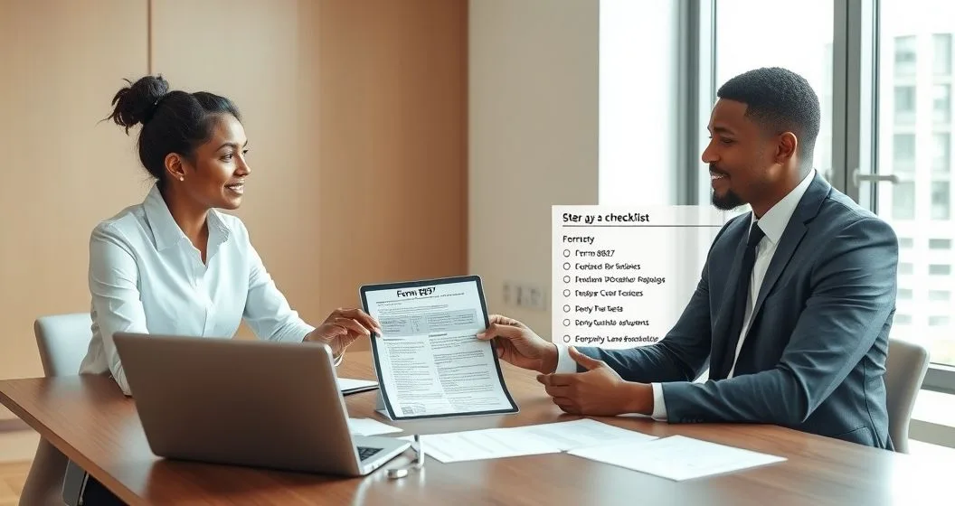 Tax attorney pointing to Form 8857 and a step by step checklist on a tablet while a client nods in a modern office