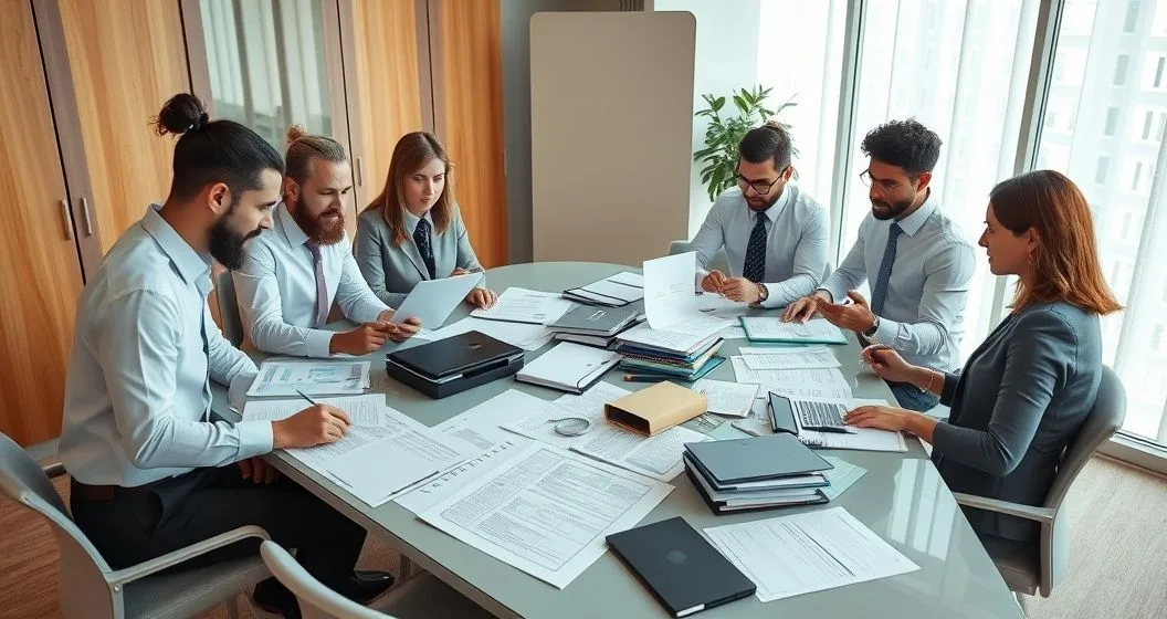 Diverse finance team sorting organized folders and scanning documents on a conference table preparing for an IRS field audit