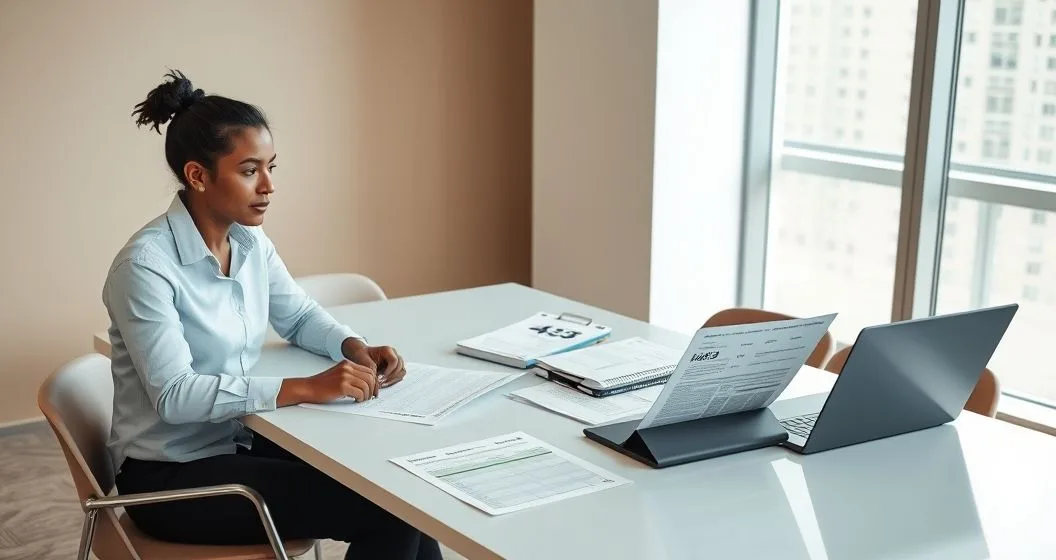 Tax professional and client reviewing financial records and official forms labeled Form 656 and Form 433 at a conference table