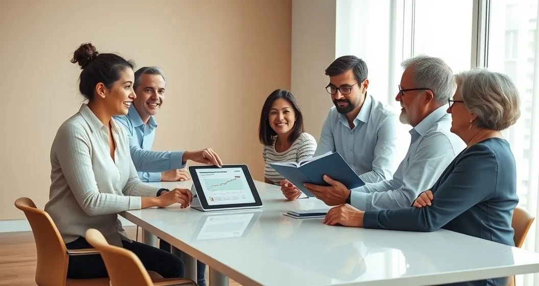 A diverse multigenerational family meets with a financial advisor around a modern conference table as the advisor points to a tablet timeline and hands a binder to a young heir.