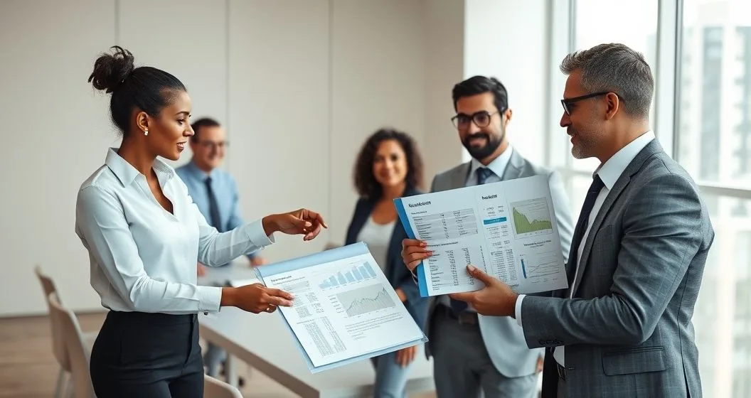 Advisor and business owner reviewing organized loan package documents including financial statements projections tax returns and bank statements at a conference table