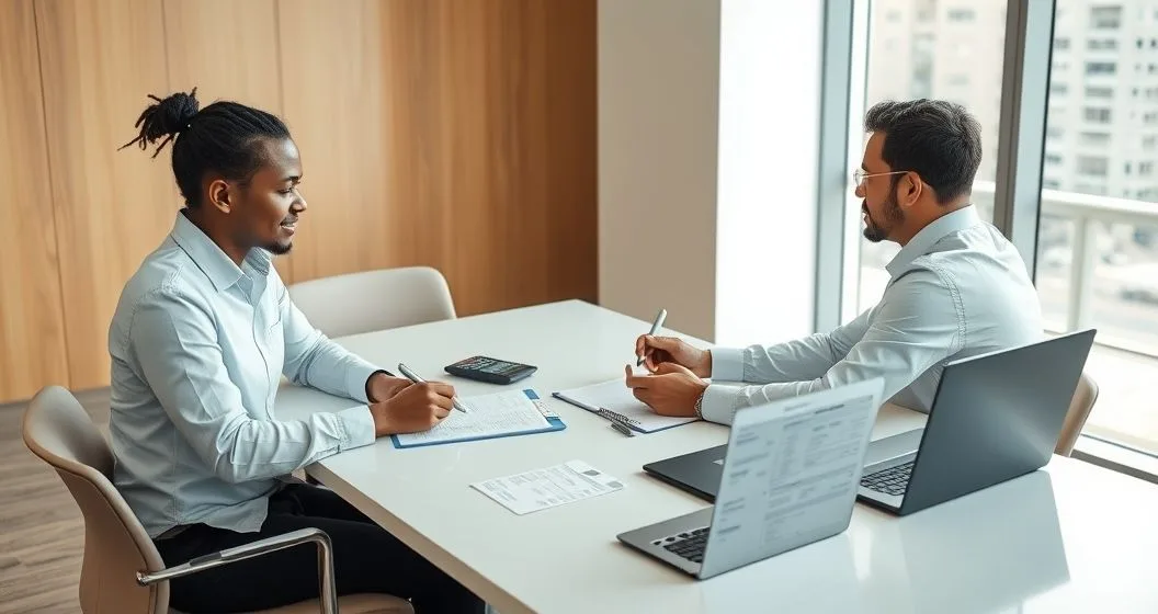 Taxpayer and advisor reviewing financial documents at a modern office table with laptop and calculator