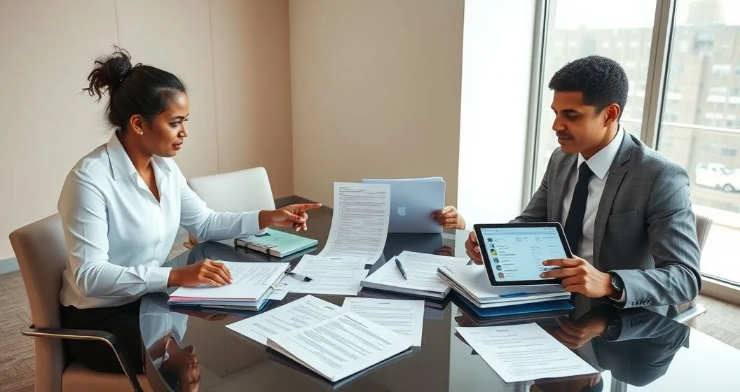 Two tax professionals and a client reviewing organized receipts bank statements contracts and an audit response letter in a modern conference room