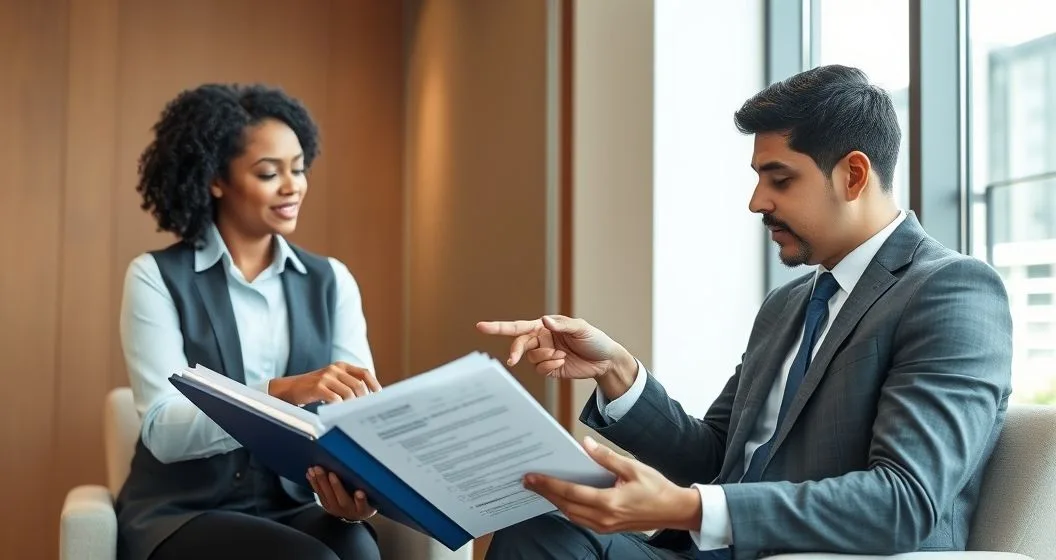 Tax advisor and client reviewing an organized binder and checklist across a conference table in a modern office