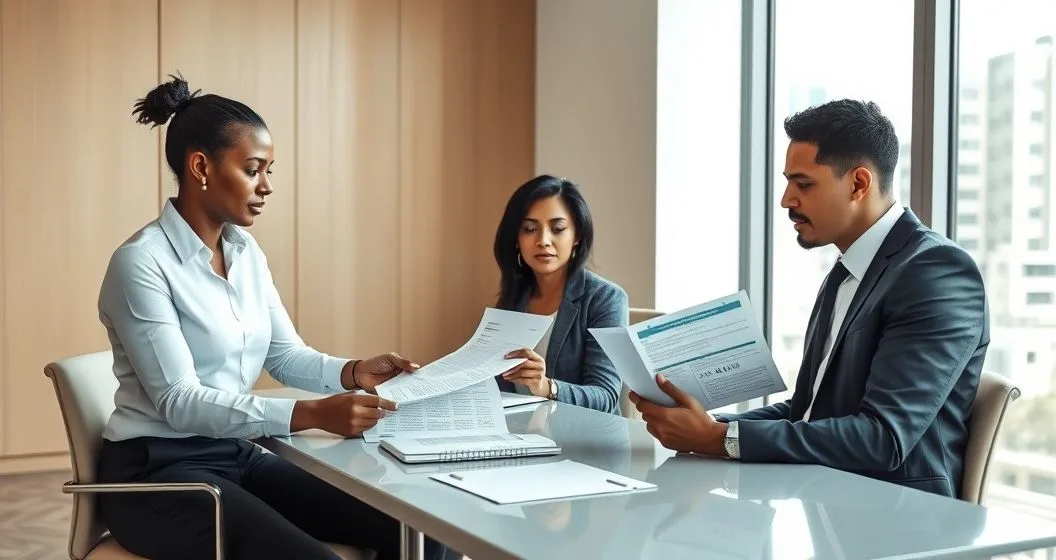Tax advisor explaining a financial summary to two clients over organized documents and a redacted offer form in a modern office