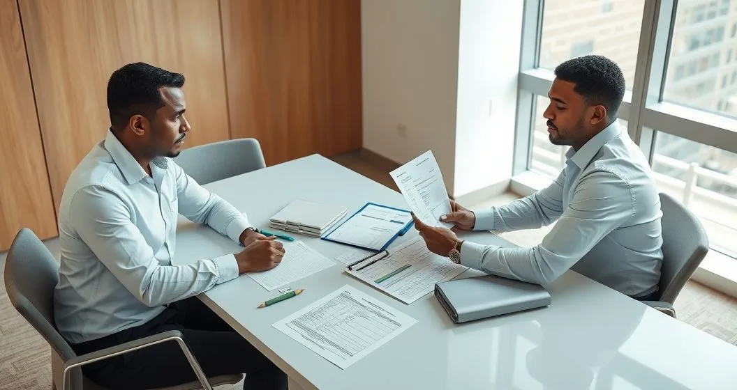 Tax advisor and client reviewing pay stubs bank statements tax returns an appraisal and a Form 433 on a conference table