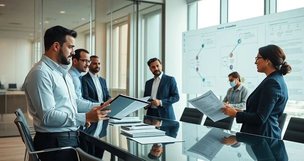 Lead arranger presents an information memorandum to a borrower and multiple bank representatives in a modern conference room