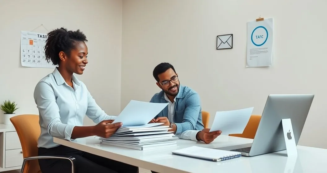 Two diverse professionals at a minimalist desk organizing documents and preparing a cover letter with a circled calendar date and a mail envelope ready to send