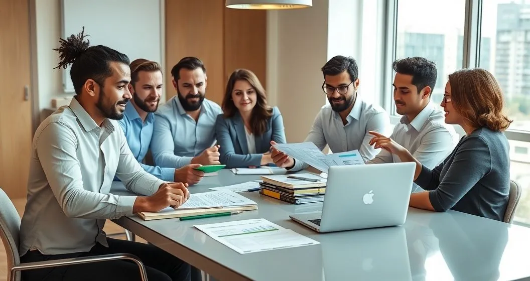 Small business owners and a tax advisor at a conference table organizing records and reviewing a checklist