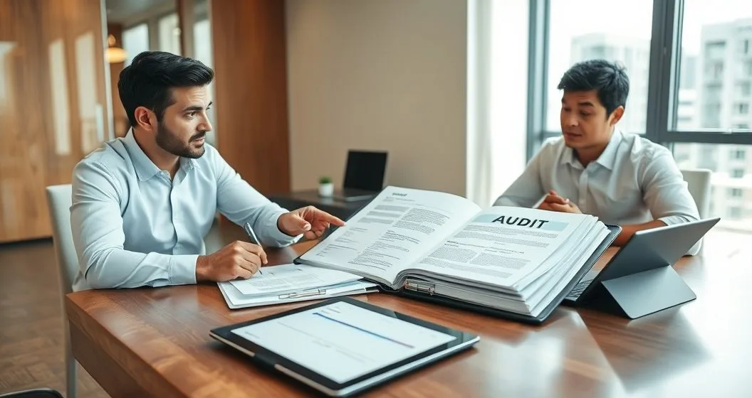 Tax professional and client reviewing an organized audit binder and timeline at a conference table