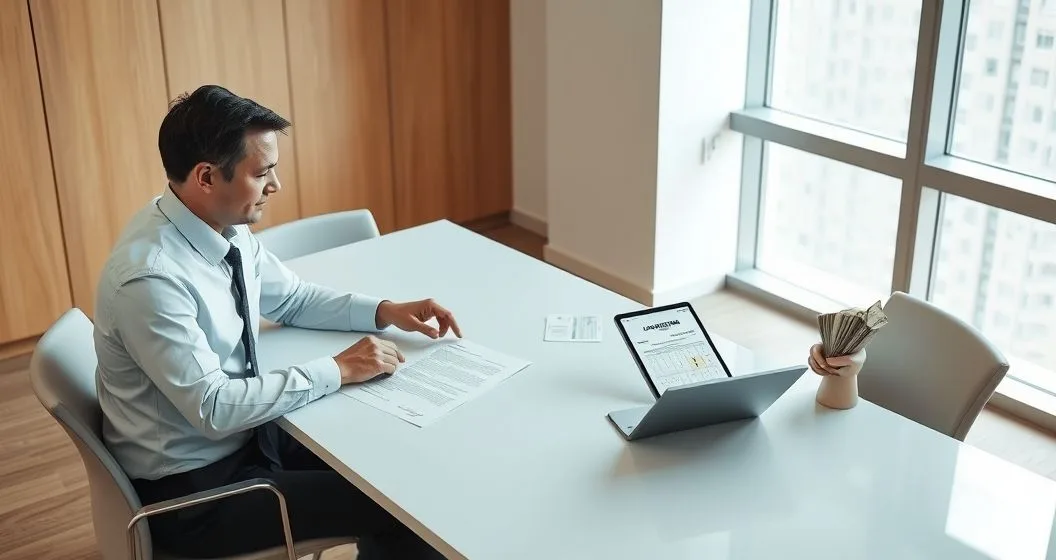 Bank officer pointing to prepayment fee clause on loan agreement while borrower reviews tablet and holds cash in modern conference room