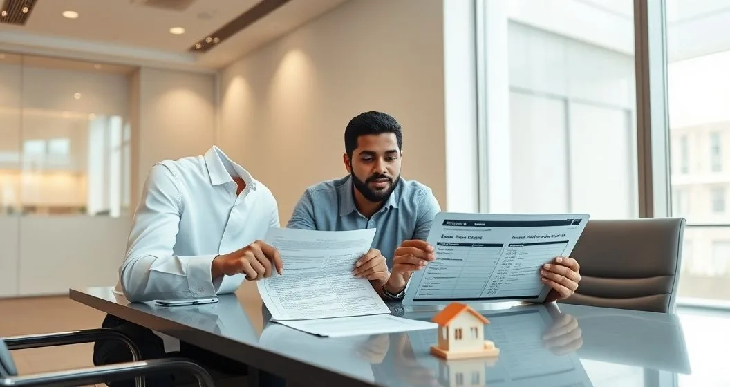 Loan officer and homeowner reviewing refinance documents and tablet showing prepayment cost breakdown in a modern bank conference room