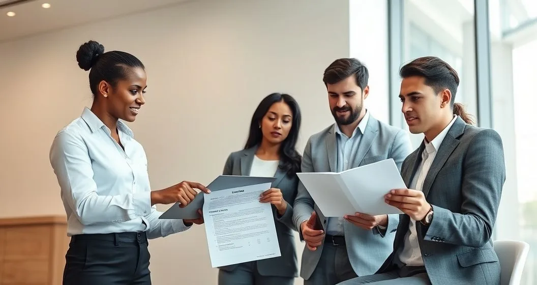 Loan officer points to incomplete prequalification documents as a diverse couple reviews paperwork in a modern bank conference room.