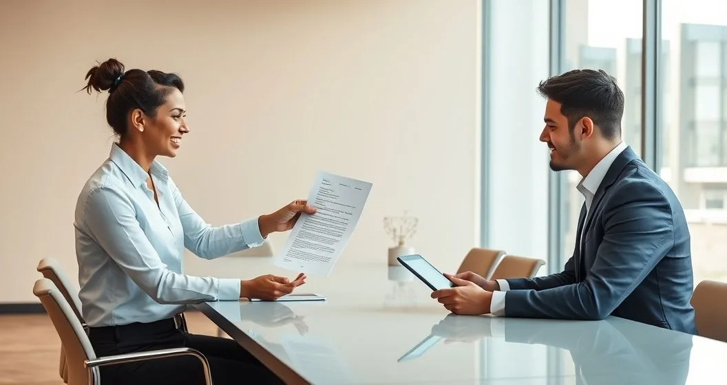Loan officer gives a formal preapproval letter to a borrower while a colleague displays a prequalification estimate on a tablet in a modern bank office.