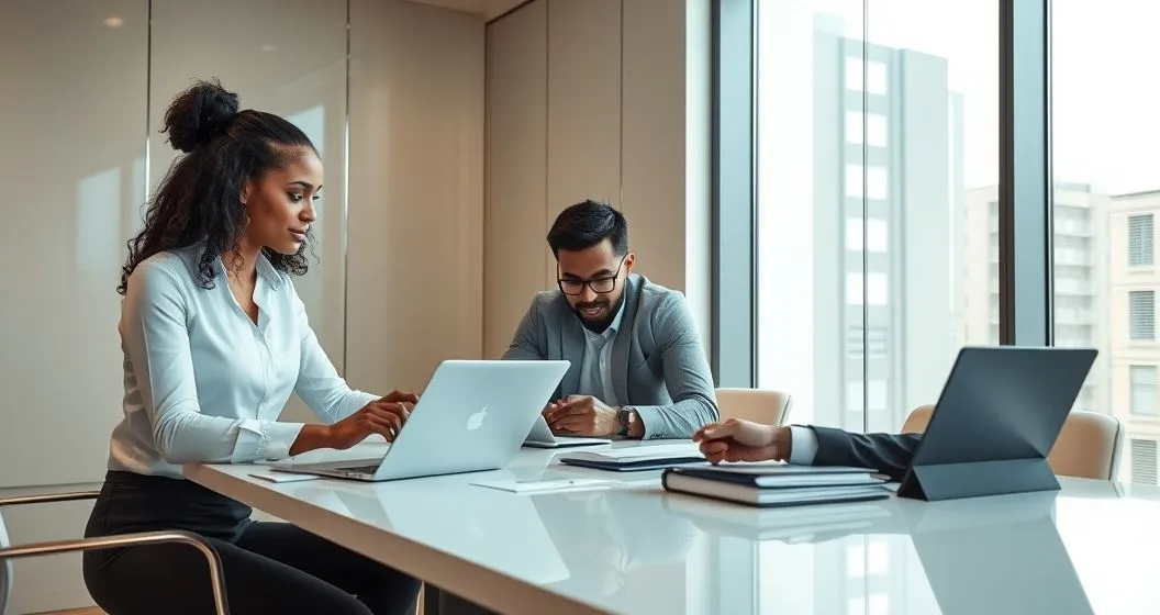 Two finance professionals and a payroll manager reviewing payroll records on a laptop and tablet in a modern conference room as one signs a tax payment authorization