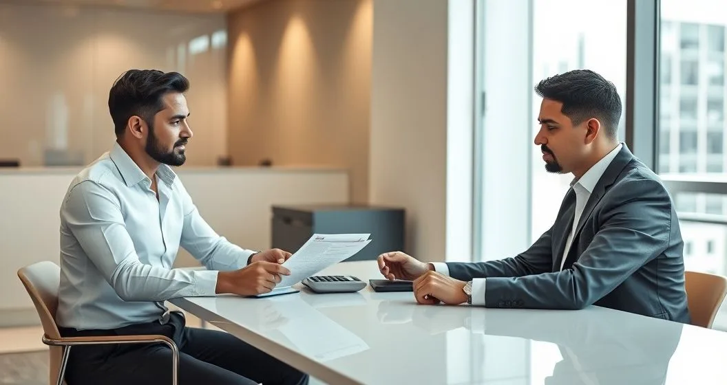 Borrower and lender reviewing a settlement document in a modern office, lender pointing to a clause as an advisor takes notes