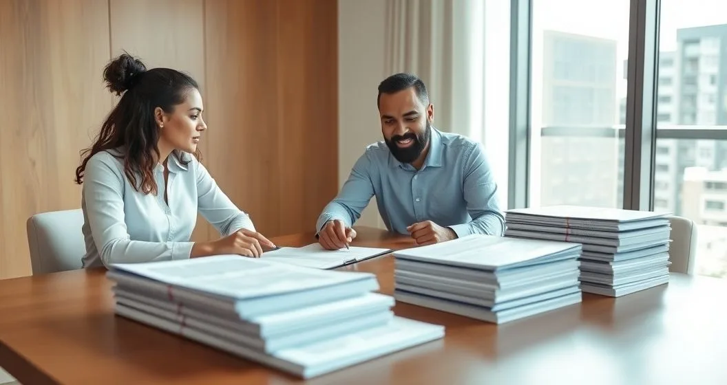 Financial advisor and young diverse couple reviewing a consolidated loan agreement with previous loan statements blurred on the table in a modern office setting