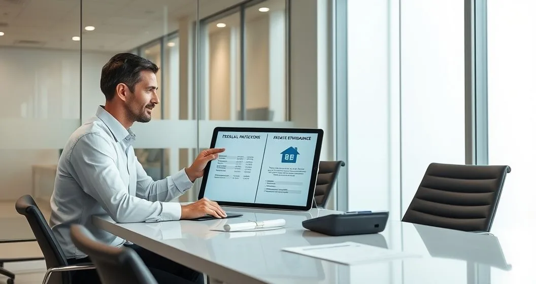 Financial advisor and borrower review a tablet showing federal loan protections versus private refinance savings at a minimalist conference table