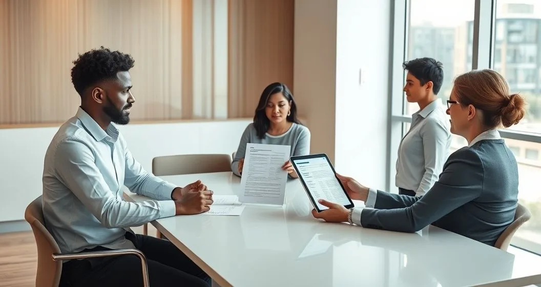 Borrower and loan officer reviewing a tablet while a co signer looks on and original loan documents rest on the table in a modern office