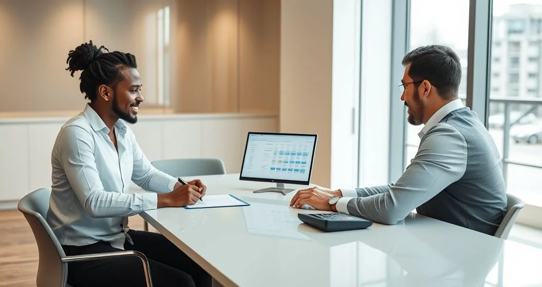 Borrower and loan servicer reviewing repayment agreement at a modern office table