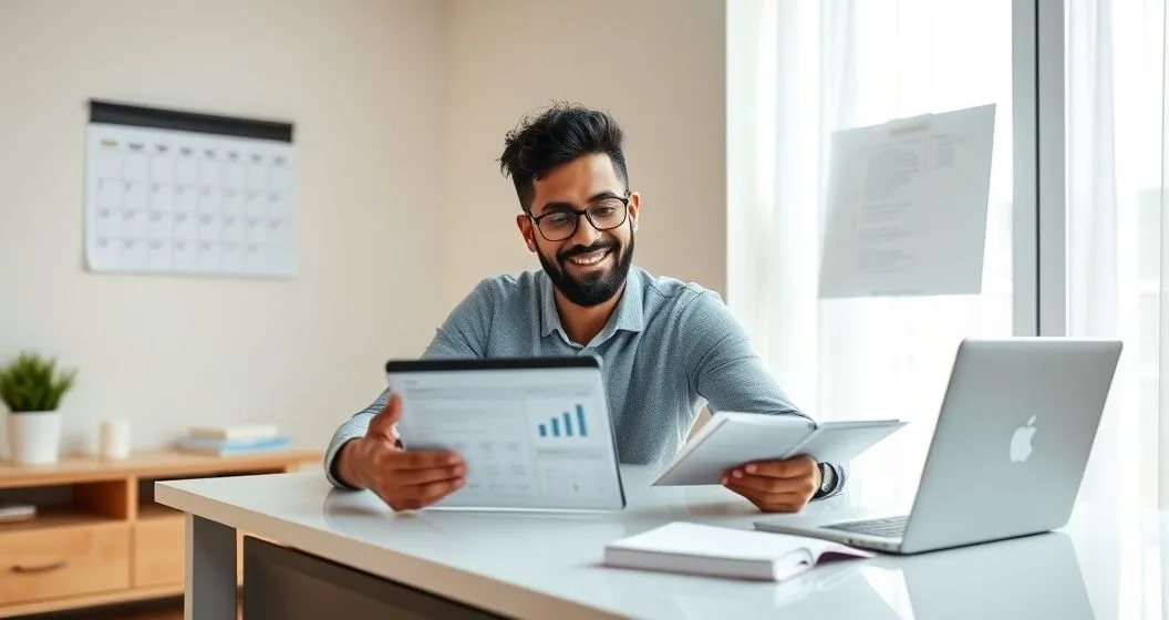 Financial advisor and client at a minimalist desk reviewing a tablet and checklist with a calendar nearby, representing steps to prevent future refund offsets