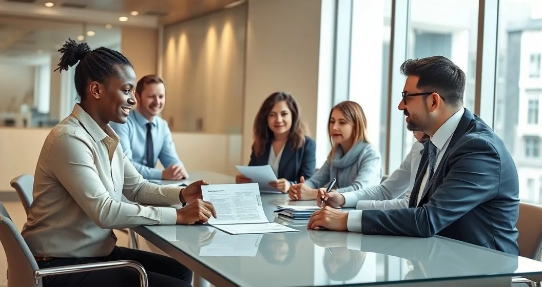Financial advisor presents a written repayment proposal to a borrower and lender in a modern conference room