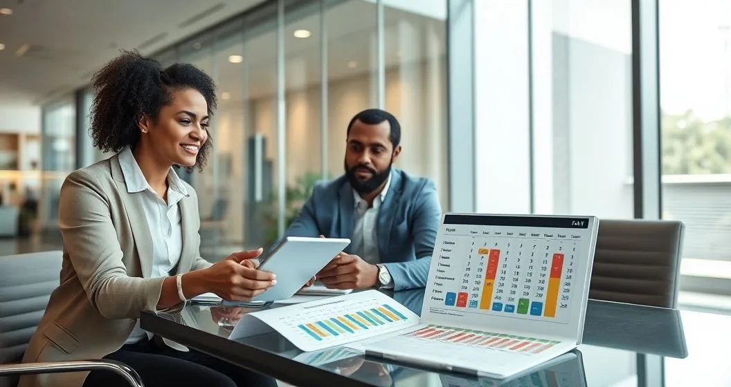 Tax advisor and client review a tablet and calendar with color coded monthly income allocations illustrating prorating income and credits when changing state residence mid year.