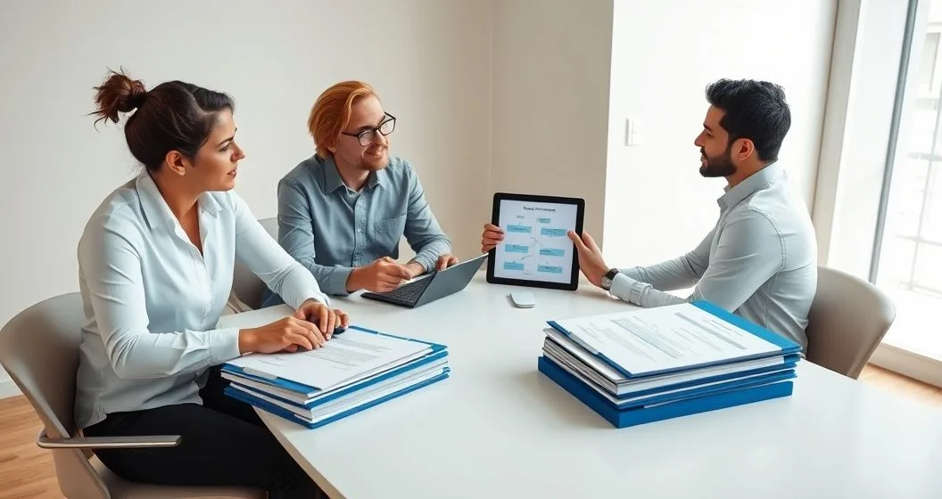 Financial advisor explaining consolidation options to two borrowers at a conference table with blue and gray folders and a tablet showing a consolidation flowchart.