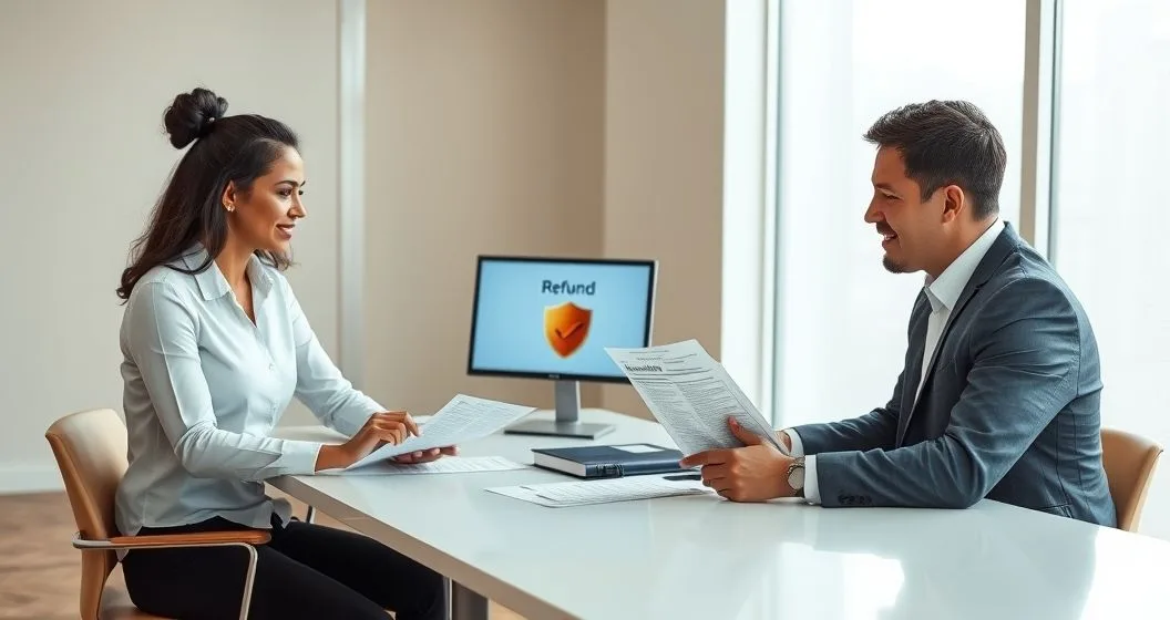 Tax advisor in a modern office pointing to paperwork and a laptop showing a shield over a refund graphic while a diverse couple listens, illustrating steps to protect a tax refund from being applied to other debts.