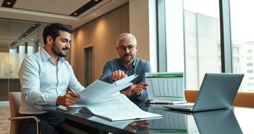CPA and business owner reviewing payroll records at a modern conference table while advisor points to highlighted column on a ledger