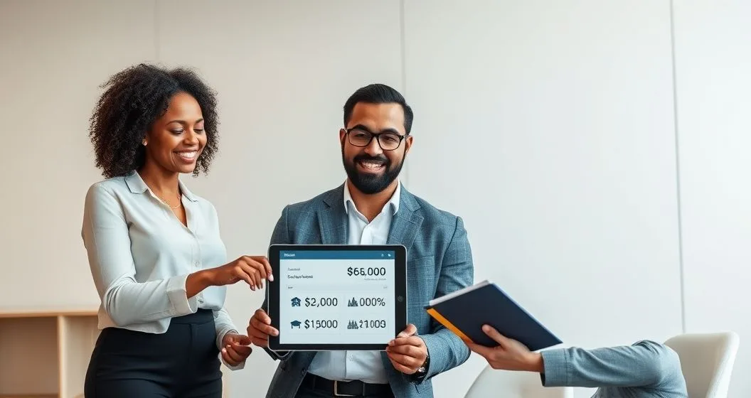 Tax advisor and couple reviewing a tablet showing a reduced refund and icons representing child support student loans and taxes