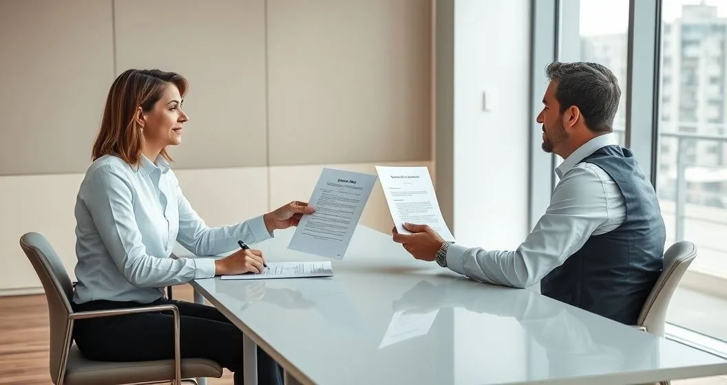 Tax advisor pointing to a printed Form 8379 and a separation agreement across a conference table as a relieved client signs in a modern office