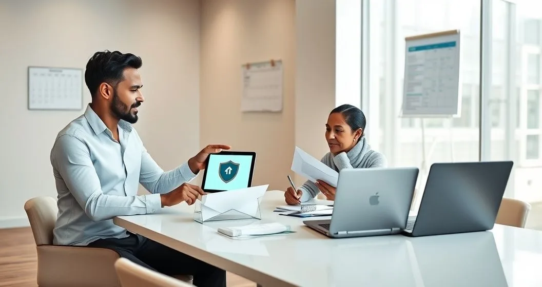 Tax advisor with a diverse couple reviewing documents and a tablet with a protective shield graphic in a modern office