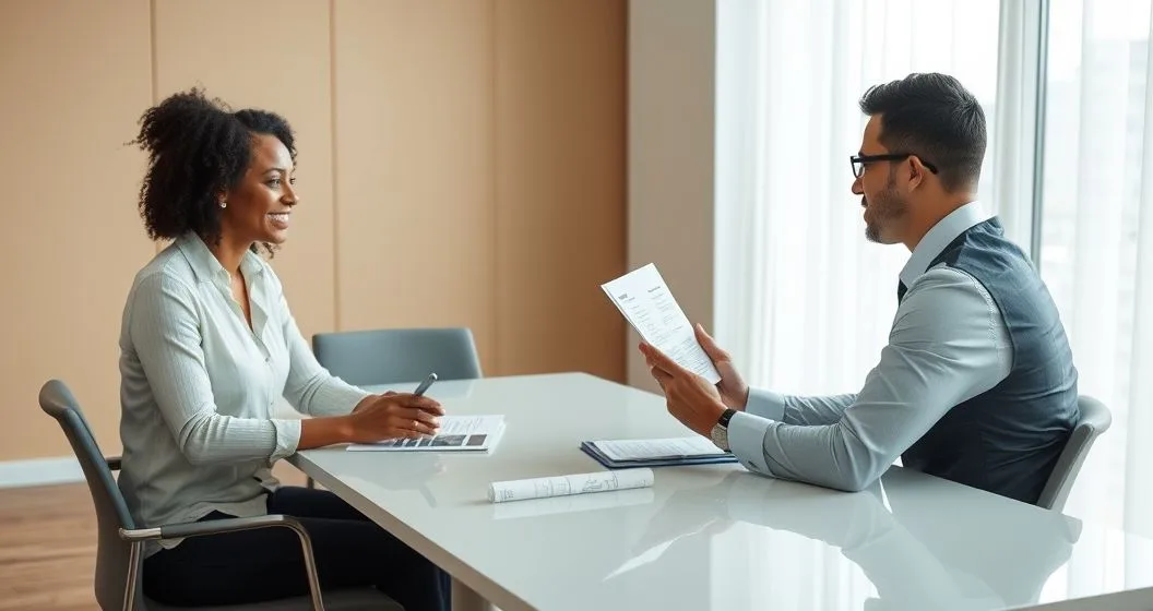 Homeowner and state tax auditor review domicile documents across a conference table in a modern office