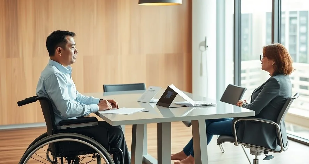 Borrower and loan officer reviewing certified medical and federal documentation in a modern office