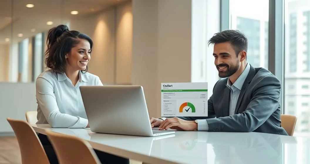 Credit counselor and client review a laptop showing a credit report where a public record entry is being removed and the credit score gauge rises