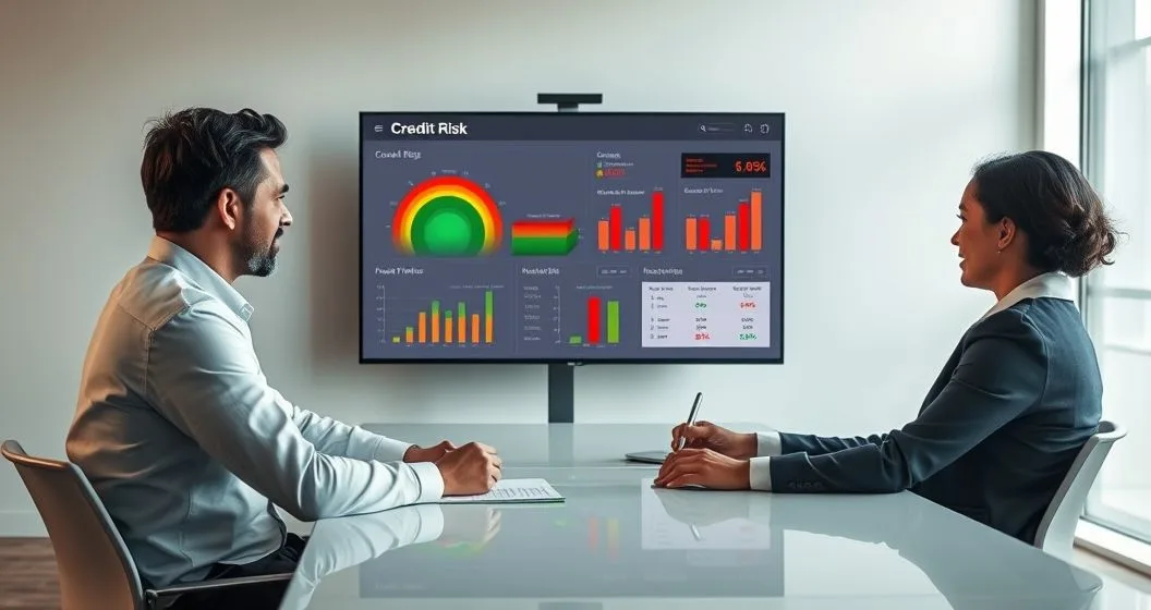 Two financial professionals showing a color coded risk dashboard to a borrower highlighting high risk bands