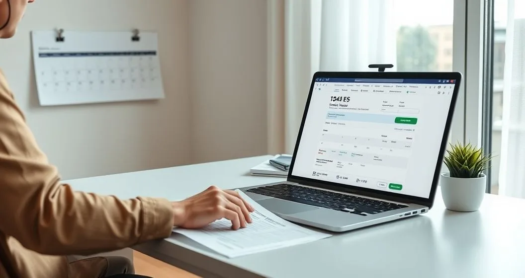 Self employed person at a tidy desk entering an online estimated tax payment on a laptop with Form 1040 ES and a calendar showing quarterly dates