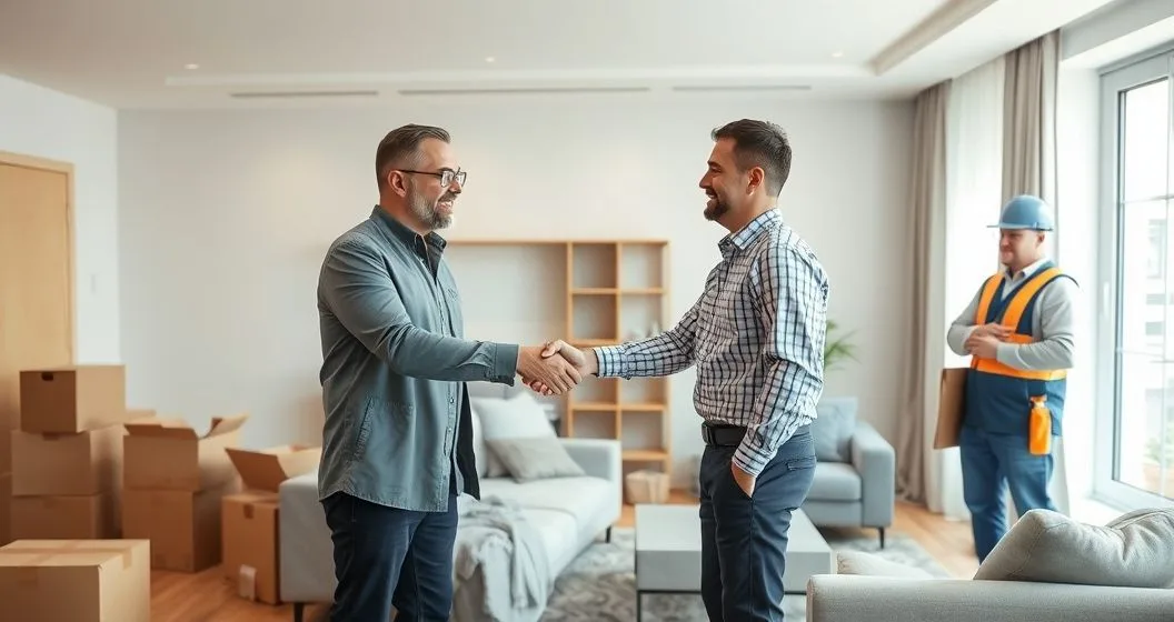 Host and lender shake hands in a modern furnished short term rental as a contractor arranges cushions and unpacked boxes signal fast setup