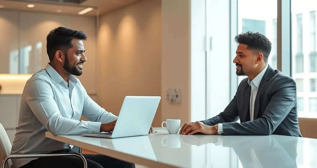 Loan officer and borrower reviewing a laptop timeline with recent green check marks and faded past overdue markers in a modern office.
