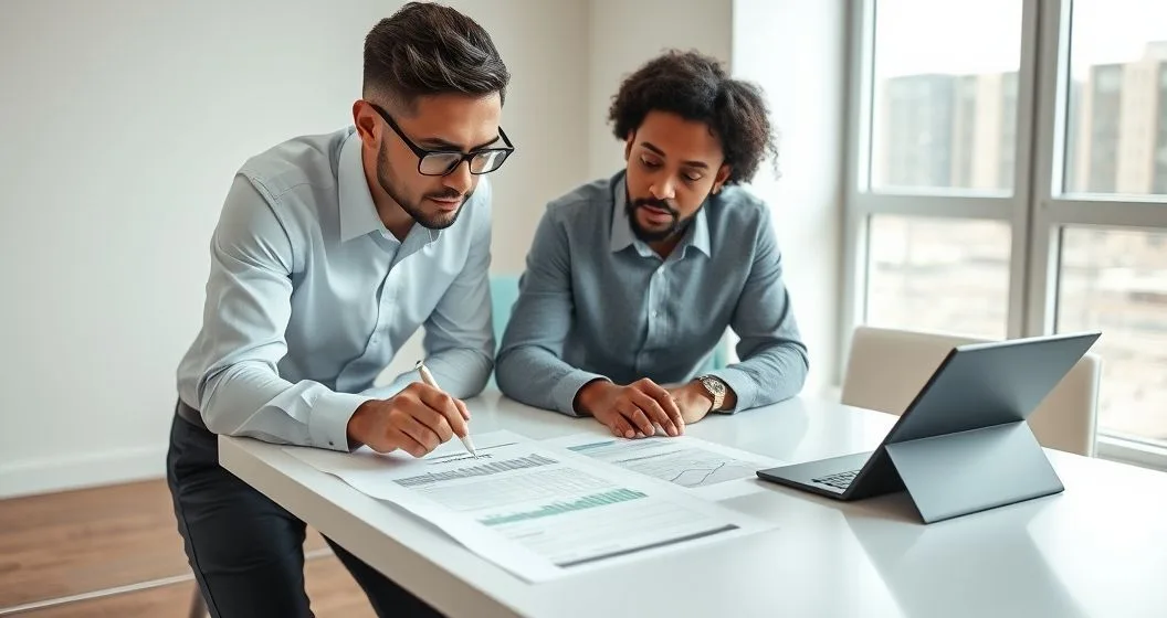 Financial advisor points to a line on a printed credit report while client follows on a tablet at a clean conference table.