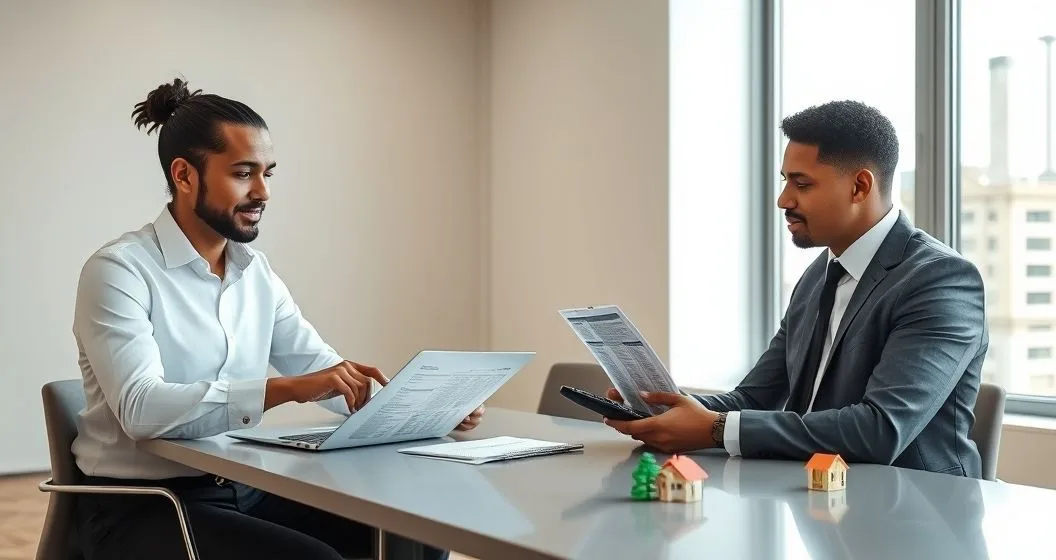 Tax advisor and client calculating monthly disposable income with laptop spreadsheet calculator documents and small house model on table