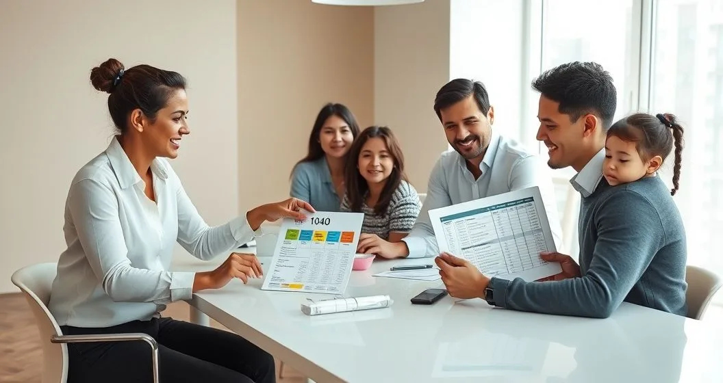 Tax advisor reviewing a 1040 printout with a family and a tablet showing updated schedules